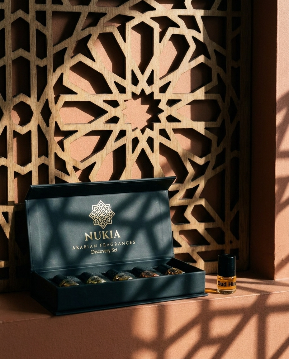 Nukia Discovery Set box and bottle in front of geometric lattice rosette backdrop