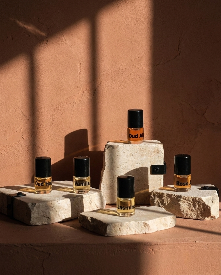 Nukia Discovery Set five bottles on stone risers, museum display