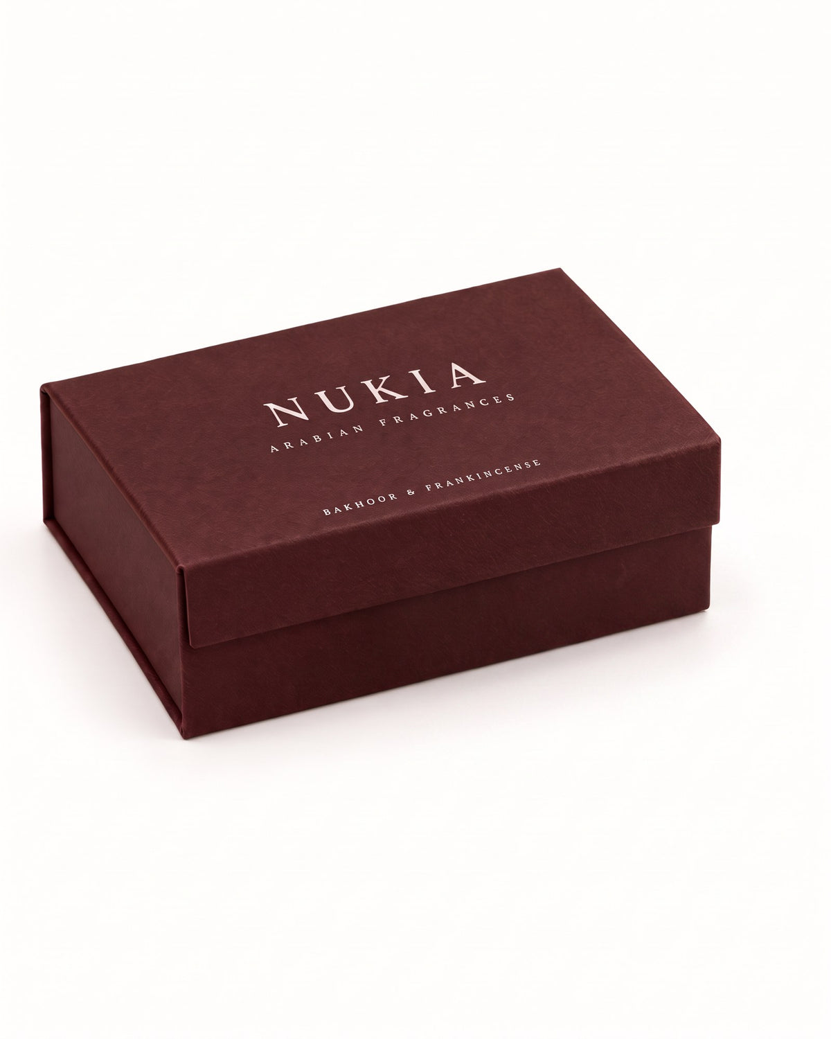 The closed cordovan Nukia Bakhoor & Frankincense gift box
