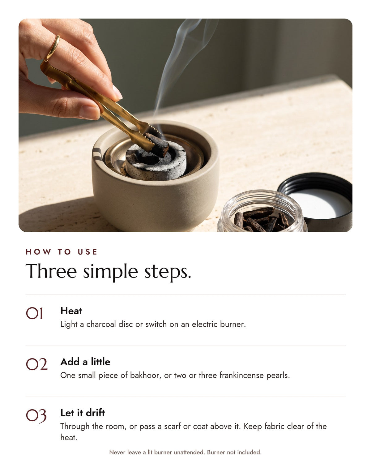 How to use bakhoor in three steps: heat, add a little, let it drift