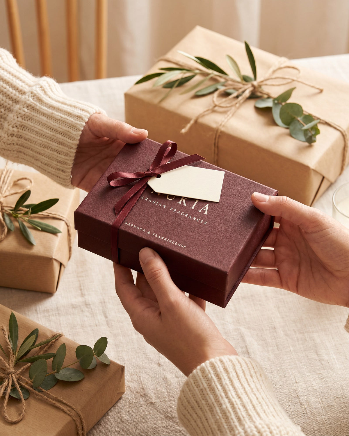 Giving the Nukia Bakhoor & Frankincense box tied with a cordovan ribbon