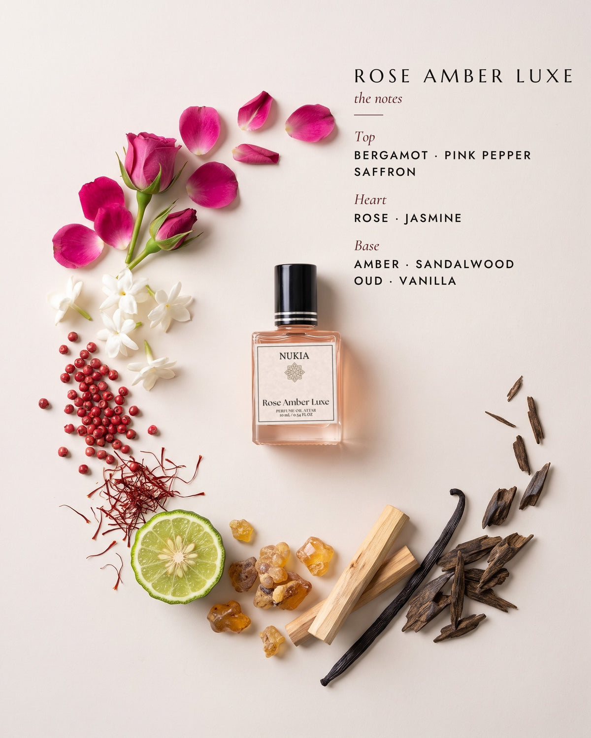 Rose Amber Luxe notes: bergamot, pink pepper, saffron, rose, jasmine, amber, sandalwood, oud, vanilla