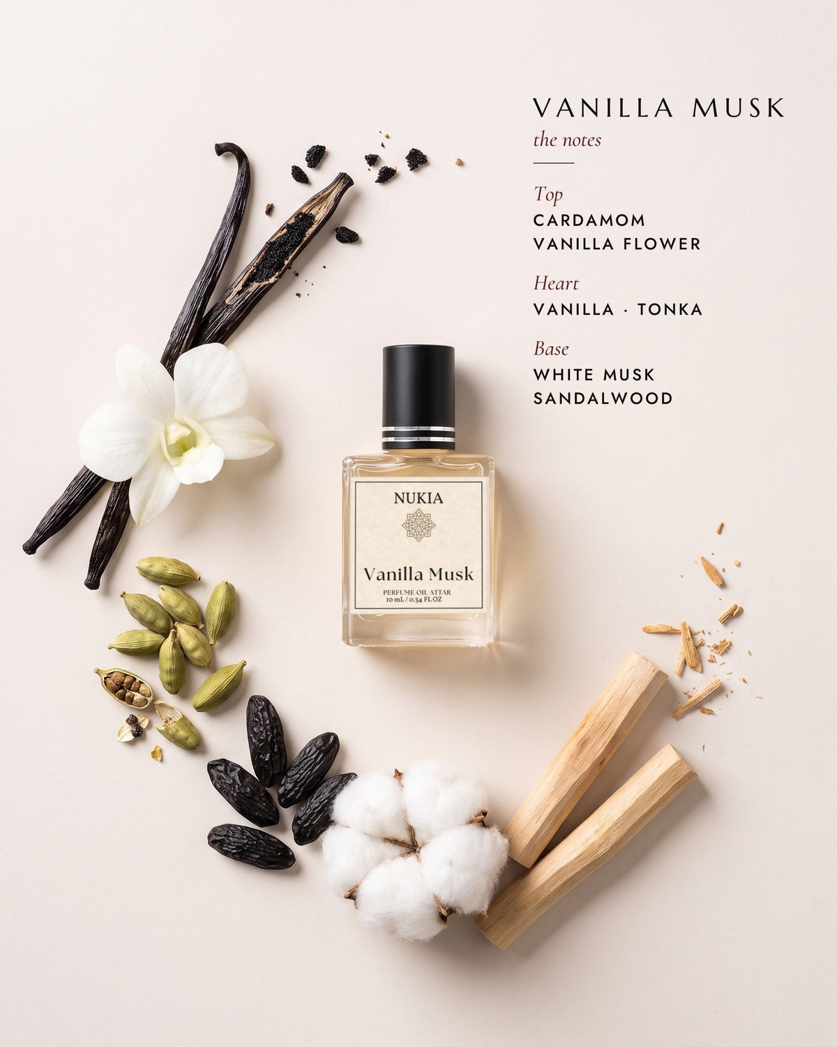 Vanilla Musk notes: cardamom, vanilla flower, vanilla, tonka, white musk, sandalwood