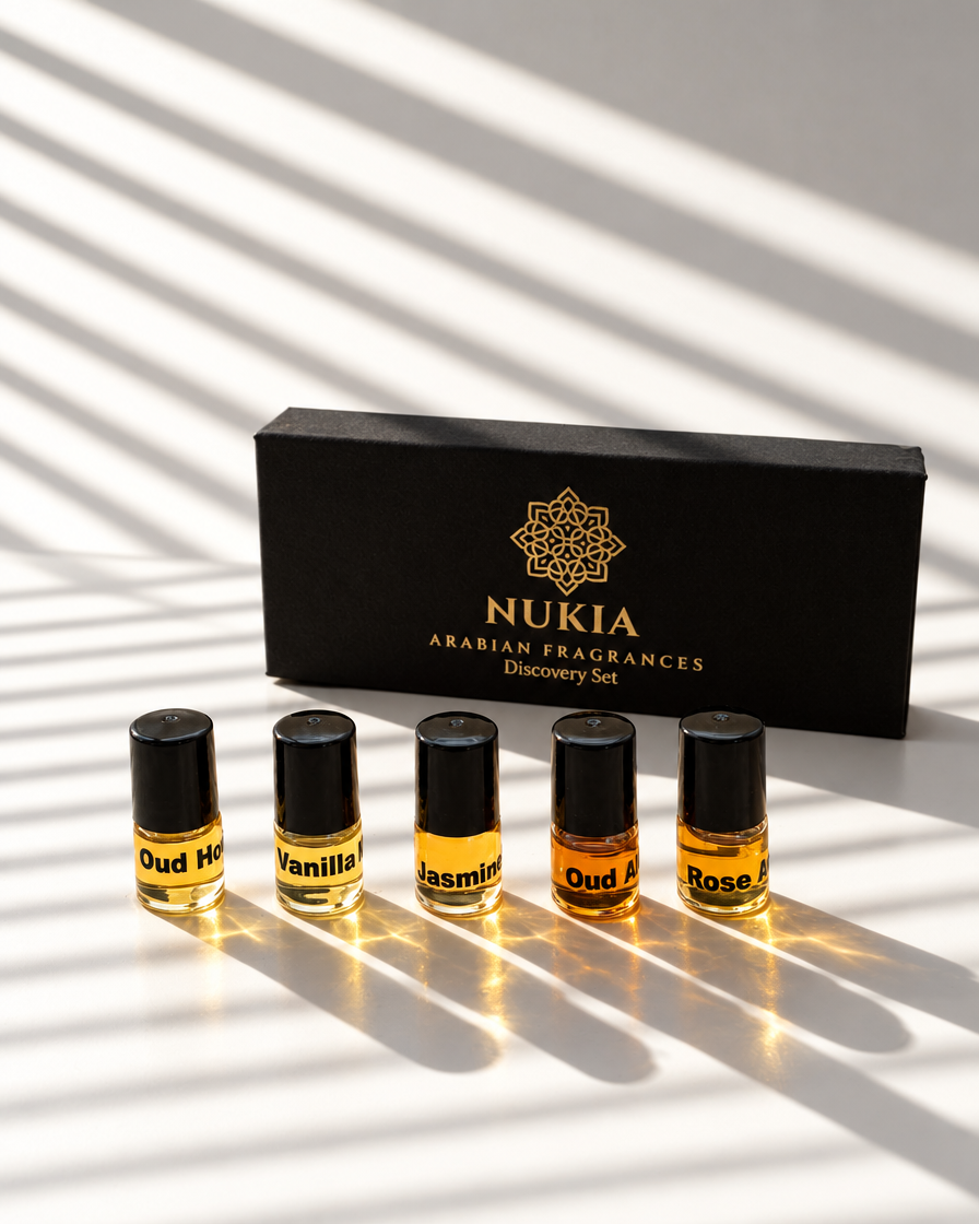Oud Horizon, Vanilla Musk, Jasmine Oud, Oud Al Malik and Rose Amber Luxe rollerballs with the Discovery Edit box